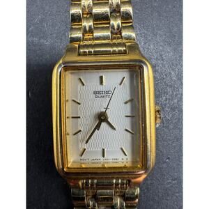 Vtg Seiko Tank Quartz Watch Women 17mm Gold Dial Gold Tone Rectangle V401-5129